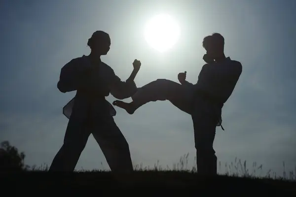 Silhouette Atleti Taekwondo Che Combattono Contro Cielo Blu — Foto Stock