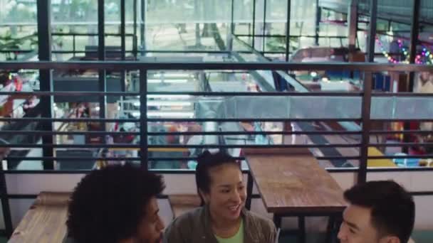 Kantel Neer Schot Van Vrienden Chatten Tijdens Het Lunchen Met — Stockvideo