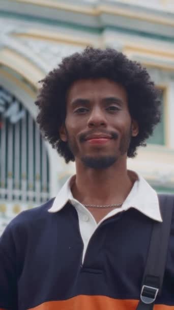 Retrato Vertical Del Chico Alegre Afroamericano Sonriendo Cámara Caminando Ciudad — Vídeos de Stock