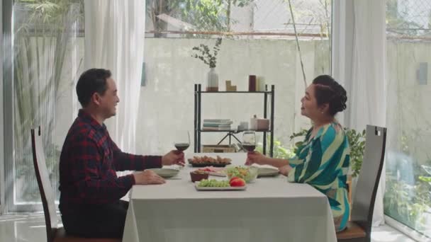 Emekli Bir Adam Kadının Evde Romantik Bir Akşam Yemeği Yerken — Stok video