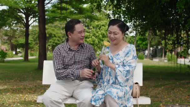 公園でのロマンチックな散歩中にベンチに座っている妻に黄色い花を与えるアジアの男性の中長いショット — ストック動画