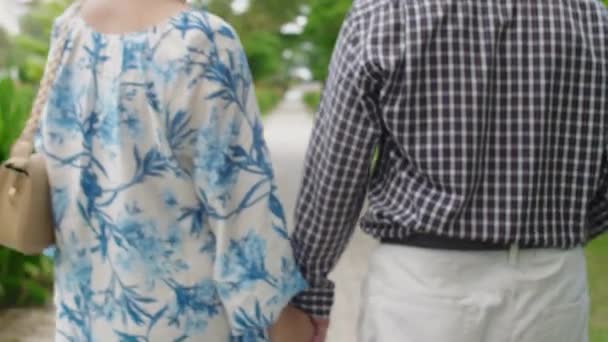 駐車場 コピースペースを歩いている間に手を握っている夫と妻の世話をするショット — ストック動画