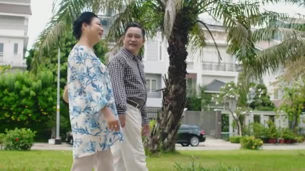 Vista Laterale Marito Moglie Asiatici Maturi Che Camminano Strada Nel — Video Stock
