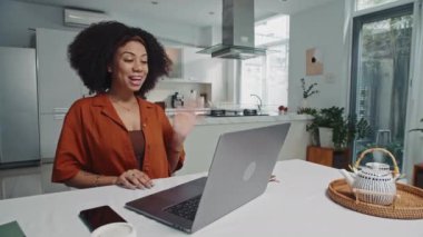 Latin serbest çalışan bir kadının stüdyo dairesindeki kablosuz bilgisayarda partneriyle görüntüsü.
