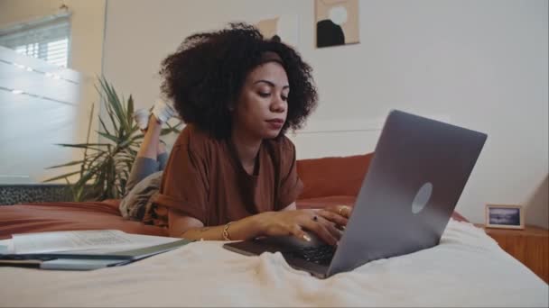 躺在床上轻松地在笔记本电脑上工作的快乐自营职业妇女的画像 — 图库视频影像