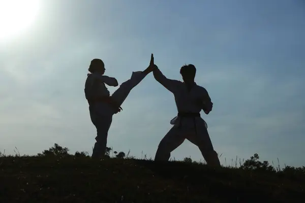 Silhouette Dell Atleta Taekwondo Bloccando Calcio Alto Dell Avversario — Foto Stock