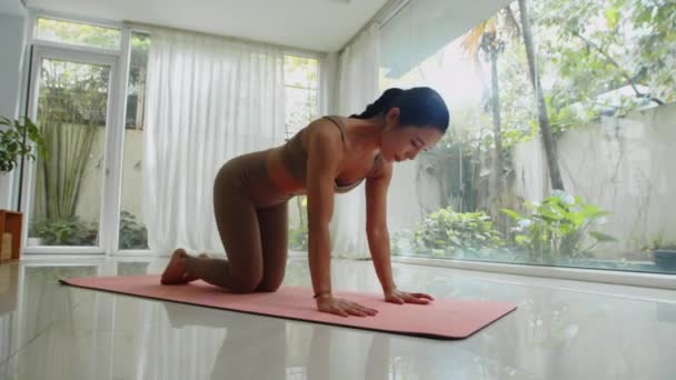 Brett Skott Kvinnliga Asiatiska Idrottare Praktiserar Yoga Position Matta Rymlig — Stockvideo