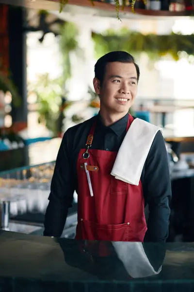Porträtt Leende Vietnamesisk Man Som Arbetar Som Servitör Café Royaltyfria Stockfoton