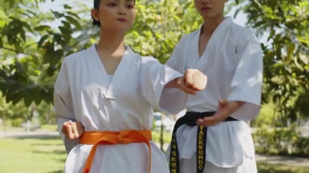 Tilt Shot Young Male Coach Training Young Female Taekwondo Fighter — Stock Video