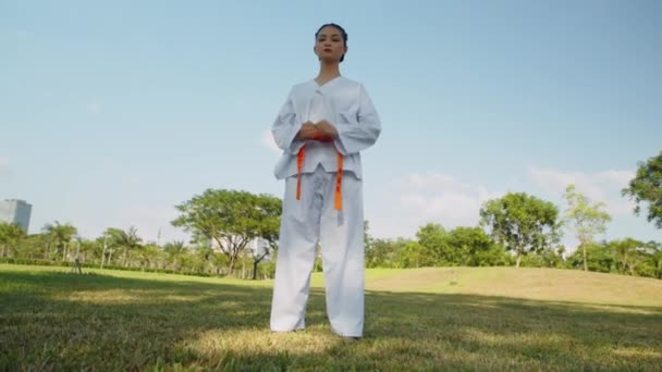 Luta Upp Skott Kvinnliga Genen Idrottare Asiatisk Etnicitet Utför Taekwondo — Stockvideo