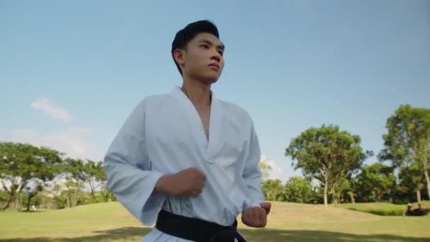 Χαμηλή Γωνία Του Ασιατικού Μαχητή Taekwondo Μαύρη Ζώνη Εκτελεί Γροθιές — Αρχείο Βίντεο