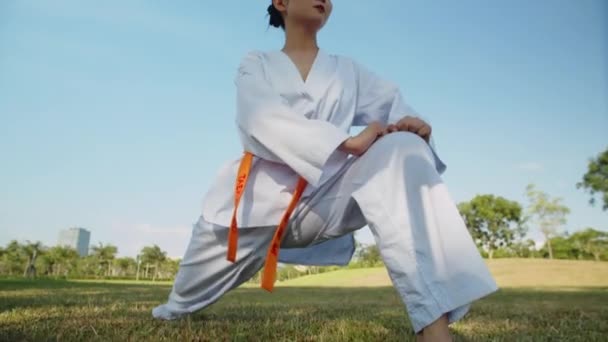 Nízký Úhel Ženského Taekwondo Cvičící Bílém Doboku Dělá Výpady Při — Stock video