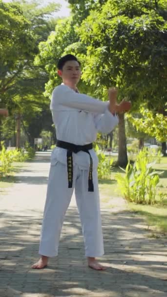 Tiro Vertical Masculino Asiático Taekwondo Praticante Branco Uniforme Aquecendo Livre — Vídeo de Stock