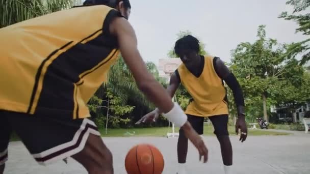 Low Angle Black Male Basketball Players Training Streetball Outdoor Playground — Stock Video