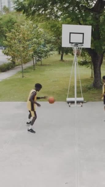 公園の遊び場でストリートボールのゲームをする男性のアフリカ系アメリカ人選手の垂直ショット 動画クリップ