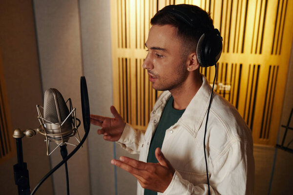 Молодой вокалист, практикующий свой талант в студии звукозаписи