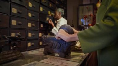 Antik eczacıda havan mermisi olarak kullanılan tanınmayan kadın homeopat sarma bitkileri.