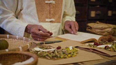Tanımlanamayan şifacının eski eczacıda şifalı otlar ve kurutulmuş organik malzemeler tarifi yaptığı sahneler.