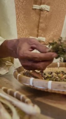 Alternatif tıp eczacılığı için ilaç hazırlayan ve öğüten tanınmayan bitki uzmanlarının dikey çekimleri.