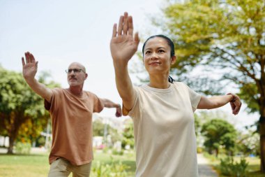 Güneşli bir günde ağaçların altında senkronize hareketler yapan, sakin bir park ortamında Tai Chi pratiği yapan iki kişi, odaklanmış ve rahatlamış bir şekilde duruyorlar.