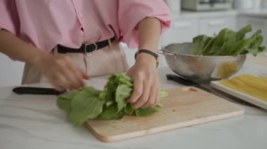 Mutfakta yemek pişirirken, salata için sebze kesen tanınmayan bir kadının kırpılmış fotoğrafı.