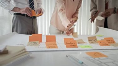 Ofisteki proje fikirleri üzerinde kafa yorarken tanınmayan iş ortaklarının etiketleri kağıda yapıştırması.