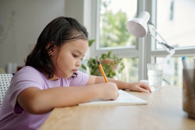 Öğrenci kız masada oturuyor ve ödevlerini yapıyor.
