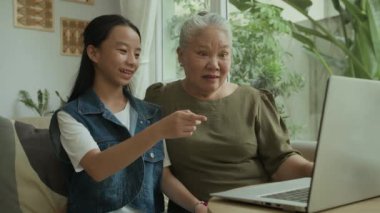 Orta büyüklükte Asyalı yaşlı kadın ve genç yaşlı kadın ve genç torunun dizüstü bilgisayarlarında video görüşmesi yaparken.