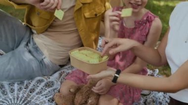 Beyaz bir ailenin şehir parkında piknik yaparken kraker yerken çekilmiş bir fotoğrafı.
