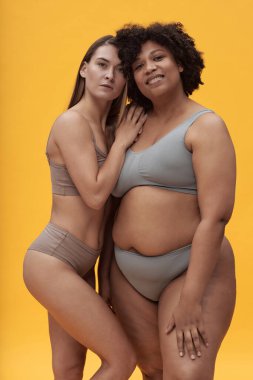 Sarı arka planda duran farklı figürlere sahip güzel kızların portresi