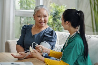 Genç hemşire, yaşlı bir hastanın eve gelişini kontrol ediyor.