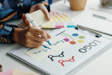 Proje üzerinde çalışırken tanınmayan kadın tasarımcıların yüksek açılı görüntüsü yapışkan notların üzerine el yazısı