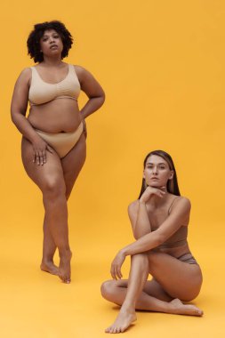 Farklı vücut tiplerine ve ırklara sahip iki kadın açık sarı zemine karşı güvenle poz veriyor, biri ayakta, biri diz çökmüş, ikisi de minimalist iç çamaşırı giyiyor.