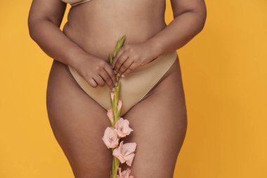 Sarı arka planda bej bir bikini giyerken bellerinin önünde pembe çiçekleri tutan şahıs sanatsal bir yaz sahnesi yaratıyor.