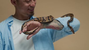 Kahverengi arka planda, sürünen piton yılanıyla kol kola dövme yaptırmış neşeli, çoklu etnik erkek sahibinin el kamerası görüntüsü.
