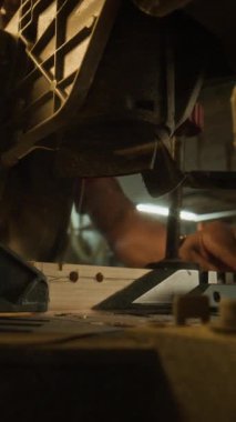 Fabrikadaki testere makinesinde çalışan işçilerin dikey çekimi