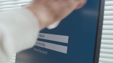Kapalı alandaki bilgisayar ekranına isimsiz bir kullanıcının parola yapıştırmasının yakın çekim görüntüsü
