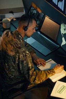 Kamuflaj üniforması giyen asker birden fazla ekranda askeri operasyonları izliyordu. Haritalar ve veriler dizüstü bilgisayar, kulaklık ve notlar gösteriyordu. Gerçek zamanlı iletişime geçiliyor.