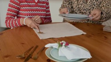 Ev yemeği için şenlik masasına servis yapan çok ırklı anne ve kızının el kamerası.