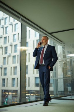 Modern orta yaşlı beyaz iş adamının takım elbise giyerken, ofis boyunca el ele yürürken, telefonla konuşurken dikey geniş açılı bir görüntüsü.