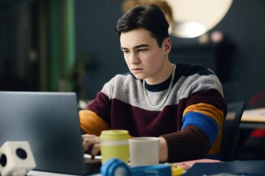 Yönetici işyerindeki bilgisayarında online iş yapıyor.