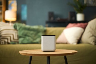 Oturma odasında ahşap masaya yerleştirilmiş akıllı hoparlörler var. Arkaplan dekorunu tamamlayan yeşil ve pembe yastıklar modern hissi artırıyor