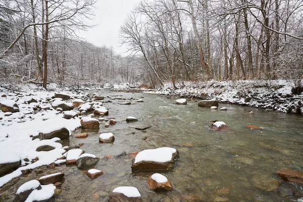 Stock image Furnace Run river running through Cuyahoga Valley National Park. It is a snowy day, and fluffy white snow hangs to the trees and covers the ground.