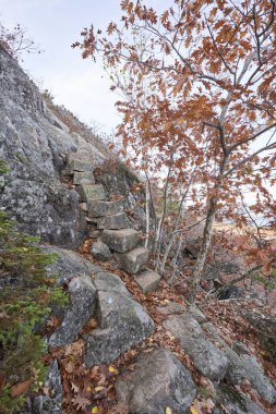 Maine 'deki dik bir dağa çıkan dik bir taş merdiven seti. Acadia Ulusal Parkı 'ndaki uçurum yolu dik bir dağın yamacına çıkan tehlikeli bir patikadır.