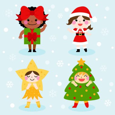Çocuklar Noel kostümü giyiyorlar.