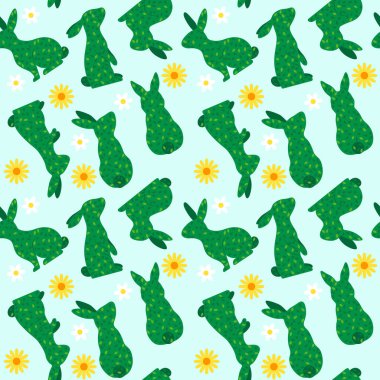 Mutlu Paskalya desenli arka plan, tavşan şekilli ağaç çizimi kusursuz desen arka plan, Paskalya Tavşanı illüstrasyonu