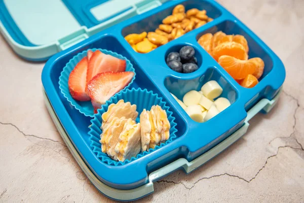 Skole Frokost Bento Boks Med Skinke Ost Frugt Kiks Royaltyfrie stock-billeder