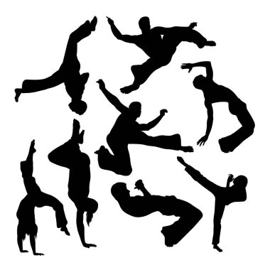Capoeira dövüş sanatları siluetleri. Sembol, logo, simge veya istediğiniz herhangi bir tasarım için iyi bir kullanım