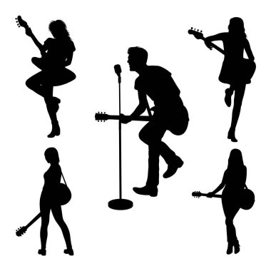 Gitarist performans siluetleri. Sembol, logo, simge, işaret ya da istediğiniz herhangi bir tasarım için kullanılabilir