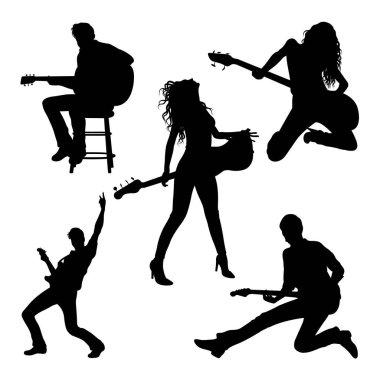 Gitarist konser siluetleri. Sembol, logo, simge, işaret ya da istediğiniz herhangi bir tasarım için kullanılabilir